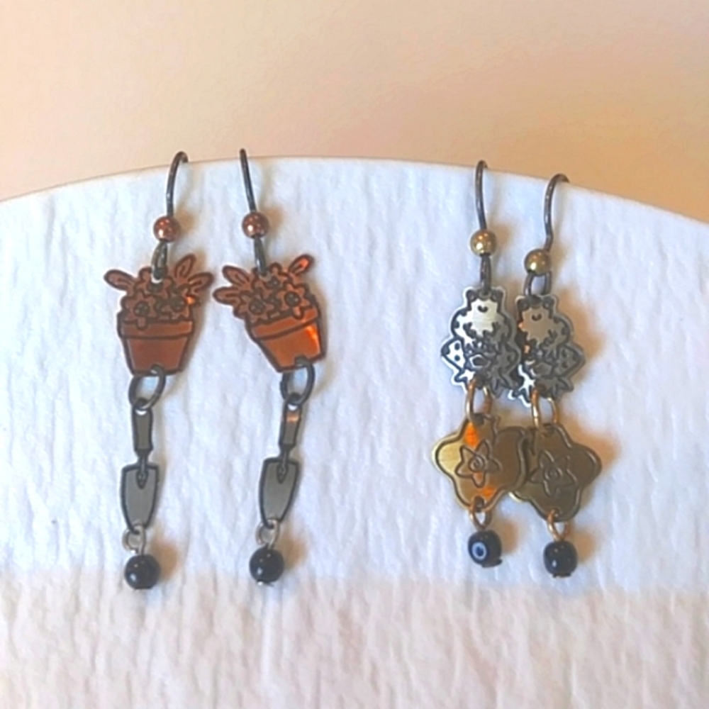 Whimsical Earrings- Two Pair Gardening and Frog
